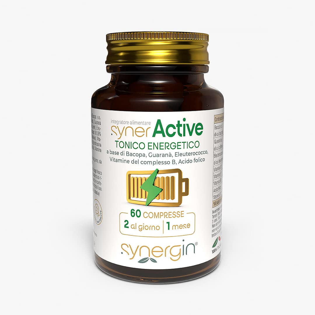 synerActive-100cc-vetro-verticale-60-cpr synerActive - integratore con Bacopa e Guaranà per energia e concentrazione mentale.