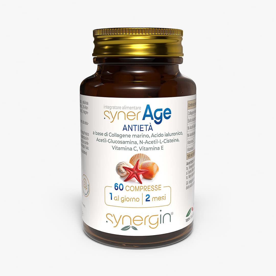 synerAge-100cc-vetro-verticale-60-cpr synerAge - con collagene e acido ialuronico per pelle idratata, tonica ed elastica.