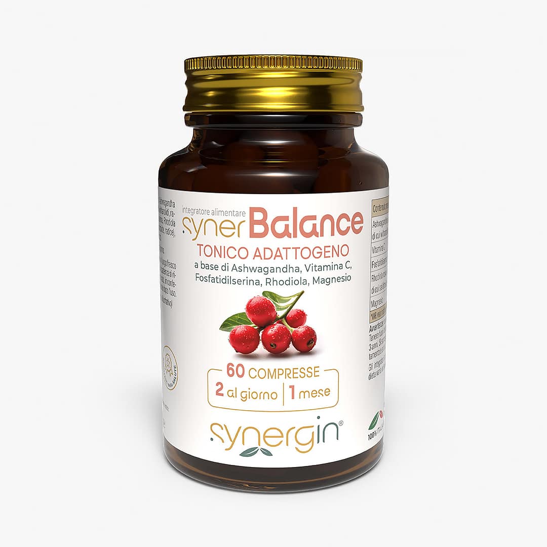 synerBalance-100cc-vetro-verticale-60-cpr synerBalance - integratore con Ashwagandha e Rhodiola per gestione dello stress e equilibrio.
