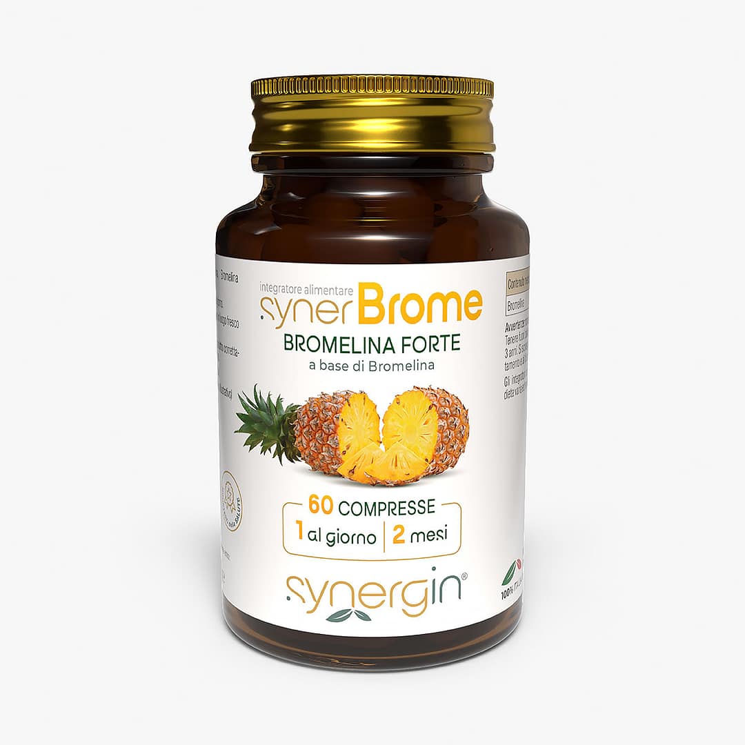 synerBrome-100cc-vetro-verticale-60-cpr synerBrome - con bromelina dell'ananas per supportare la digestione e ridurre il gonfiore.