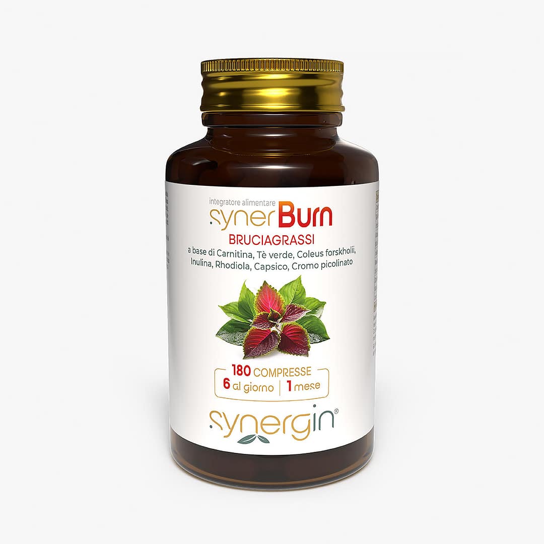 synerBurn-300cc-vetro-verticale-180-cpr synerBurn - con carnitina e tè verde per favorire il metabolismo dei grassi e l'energia.