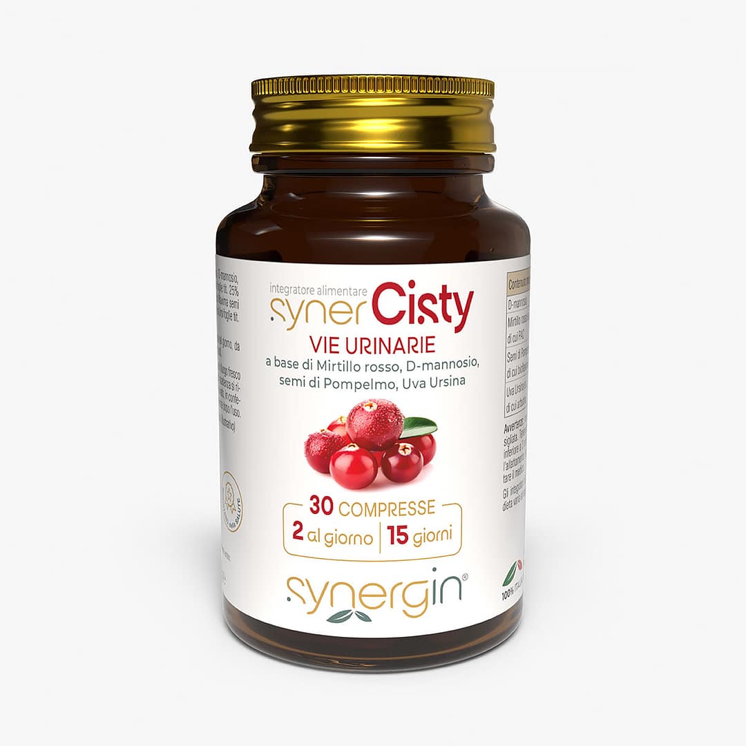 synerCisty-100cc-vetro-verticale-30-cpr synerCisty - con mirtillo rosso e D-Mannosio per il benessere delle vie urinarie.