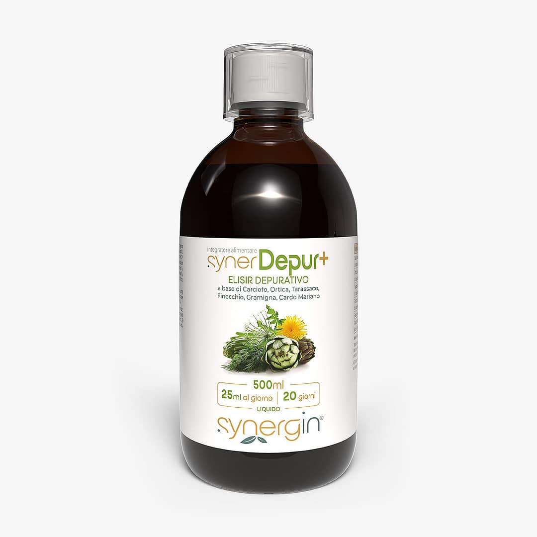 synerDepur-Plus-contenitore-500ml-frontale synerDepur Plus - con carciofo e cardo mariano per depurare e sostenere la funzionalità epatica.