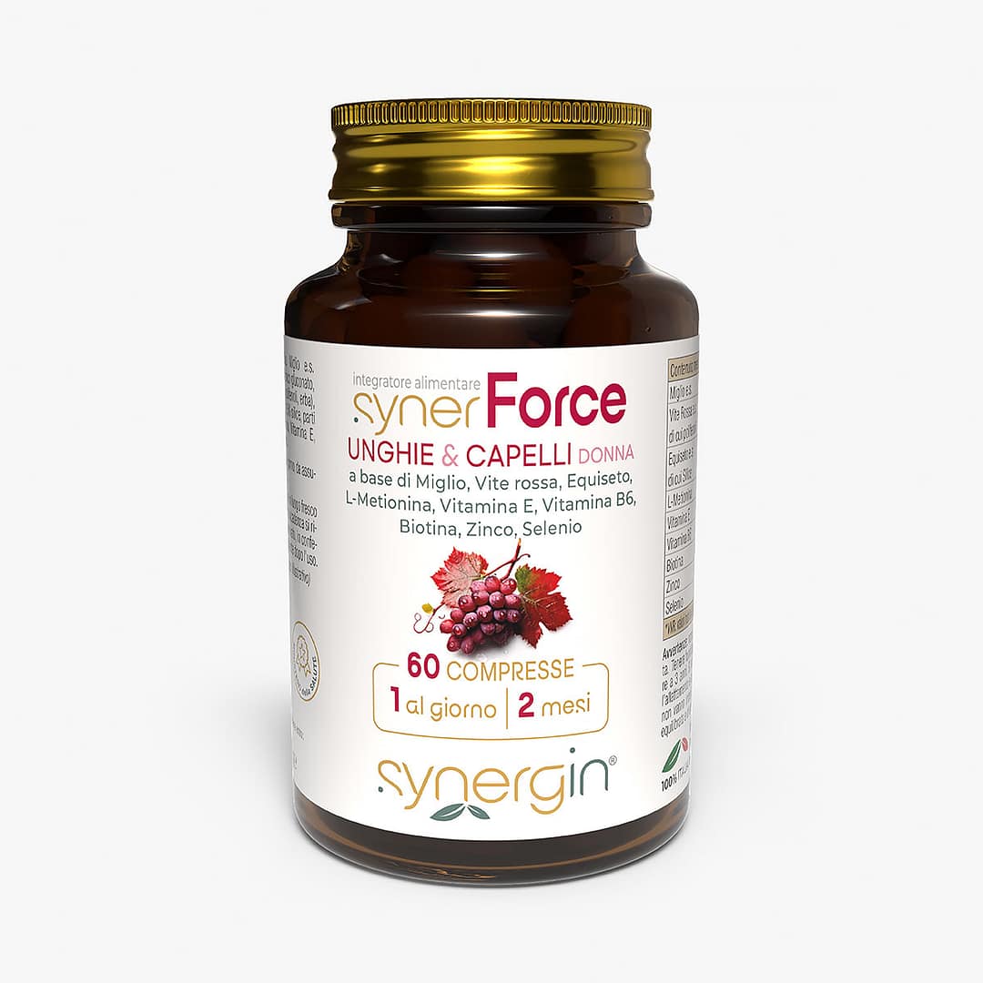 synerForce-D-100cc-vetro-verticale-60-cpr synerForce Donna - con biotina per rinforzare capelli e unghie, bellezza al femminile.