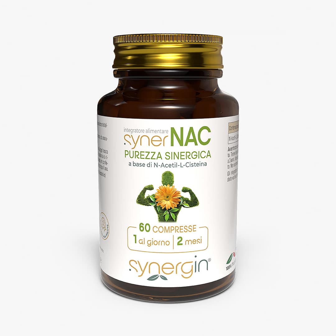 synerNAC-100cc-vetro-verticale-60-cpr synerNAC - con N-Acetil-Cisteina per supportare le difese antiossidanti dell'organismo.