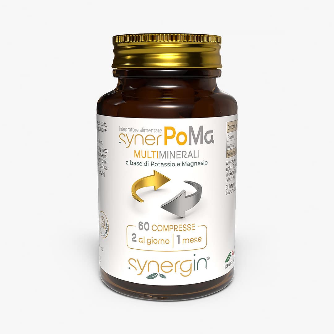 synerPoMa-100cc-vetro-verticale-60-cpr synerPoMa - con potassio e magnesio per equilibrio idrosalino e recupero muscolare.