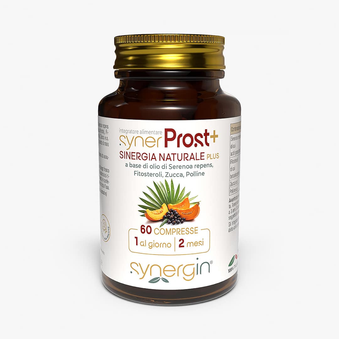 synerProst-Plus-100cc-vetro-verticale-60-cpr synerProst Plus - formula potenziata con Serenoa per la salute prostatica dell'uomo.