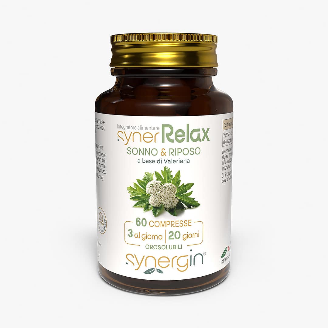 synerRelax-100cc-vetro-verticale-60-cpr synerRelax - con valeriana per favorire il rilassamento e contrastare tensioni nervose.