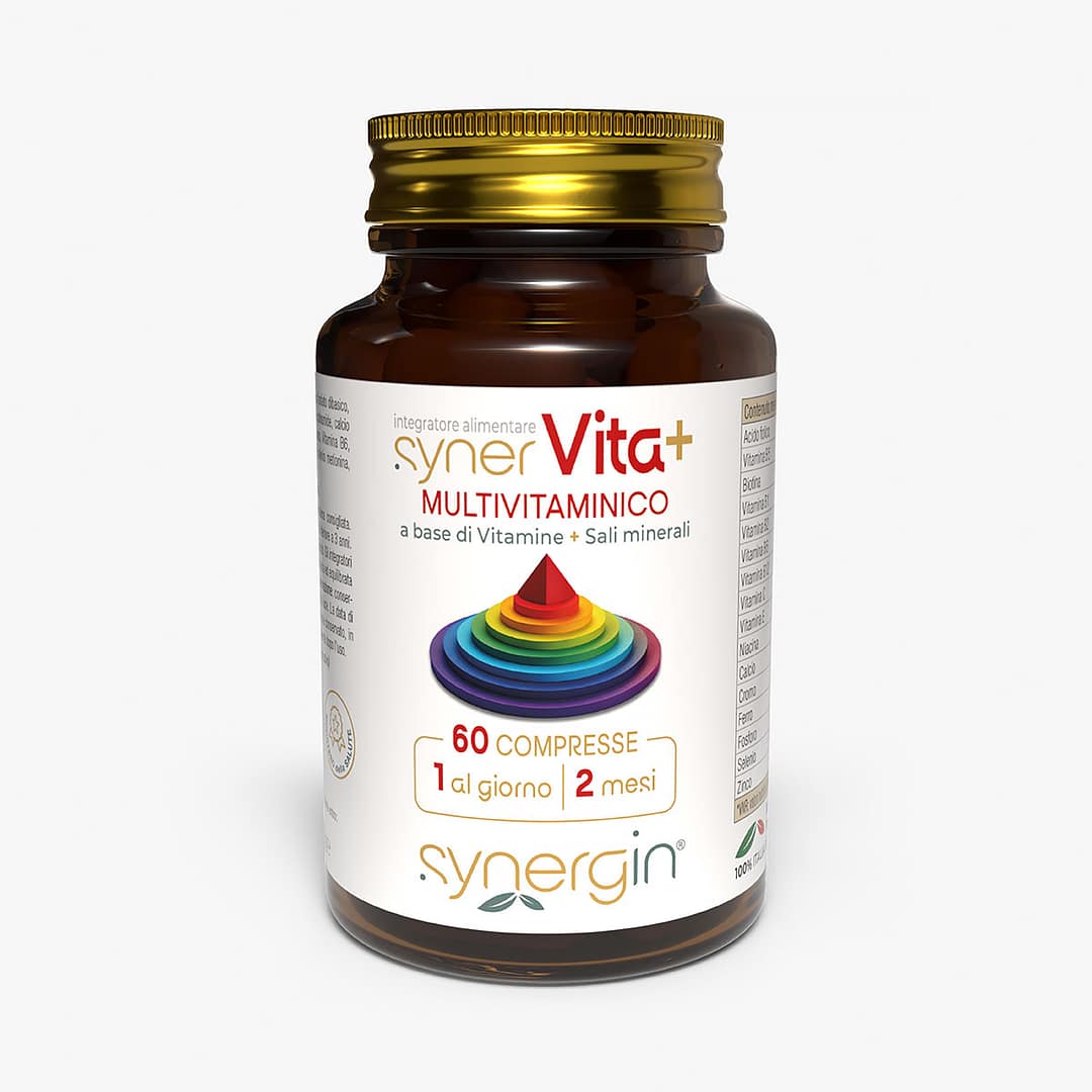 synerVita-Plus-100cc-vetro-verticale-60-cpr synerVita Plus - multivitaminico con minerali per energia e sostegno alle difese immunitarie.