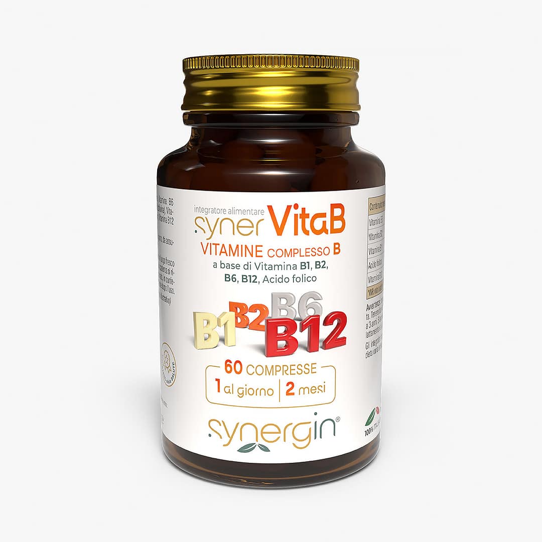 synerVitaB-100cc-vetro-verticale-60-cpr synerVitaB - con vitamine del gruppo B e folato per il metabolismo energetico.