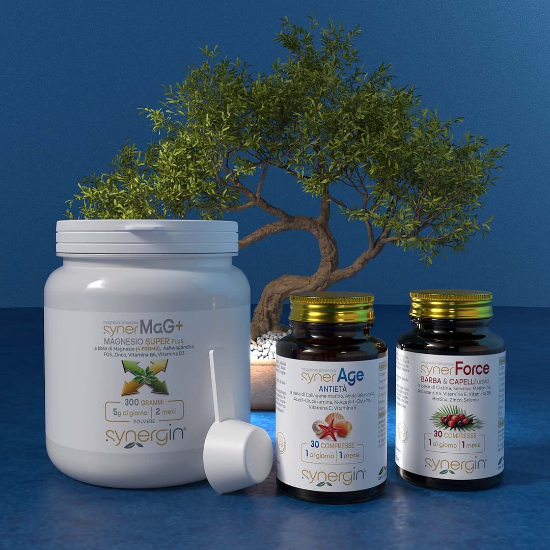 synerKit-Bellezza-della-Pelle-Uomo-def-synergin-01 synerKit Bellezza Pelle Uomo con synerAge, synerMag+ e synerForce Uomo - Integratori alimentari a base di Collagene e Biotina e Serenoa per pelle, barba, capelli e unghie