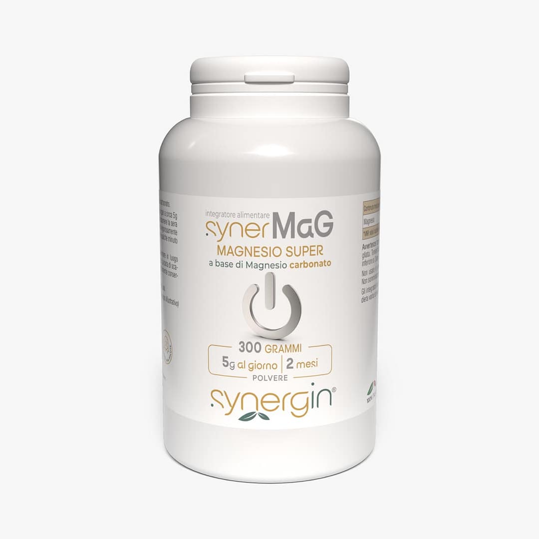 synerMaG-new-300cc-verticale-300g synerMaG - con magnesio carbonato per ridurre la stanchezza e sostenere l'equilibrio elettrolitico.