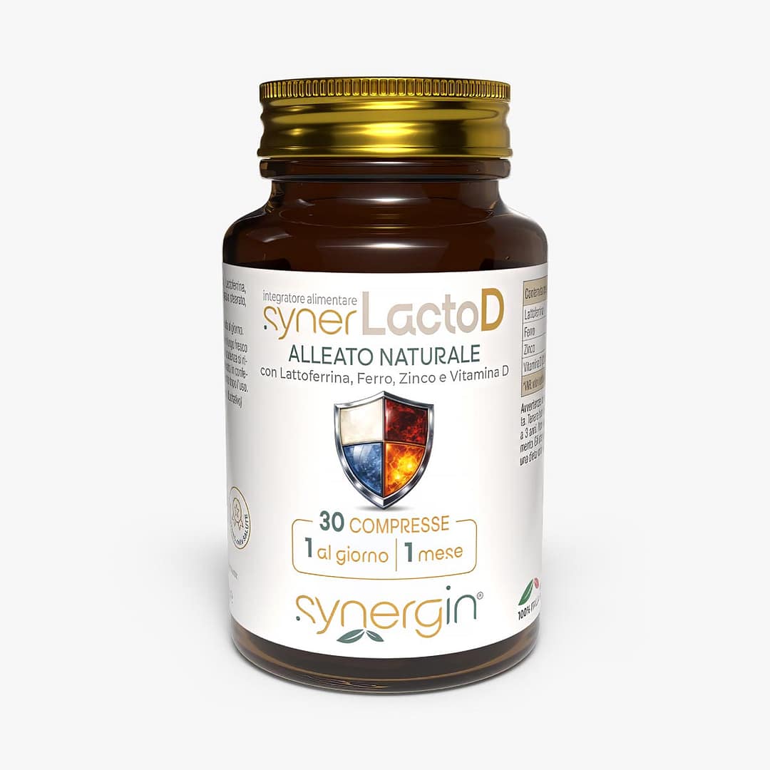 synerLactoD-100cc-vetro-verticale-30-cpr synerLactoD: integratore per difese immunitarie con lattoferrina, vitamina D, zinco e ferro